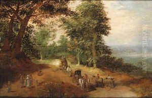 An extensive wooded Landscape with Travellers on a Track