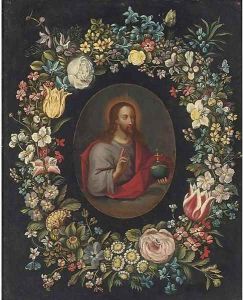 Salvator Mundi, in a floral cartouche