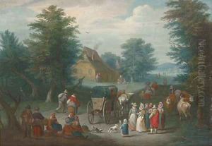 A wooded landscape with villagers by a market