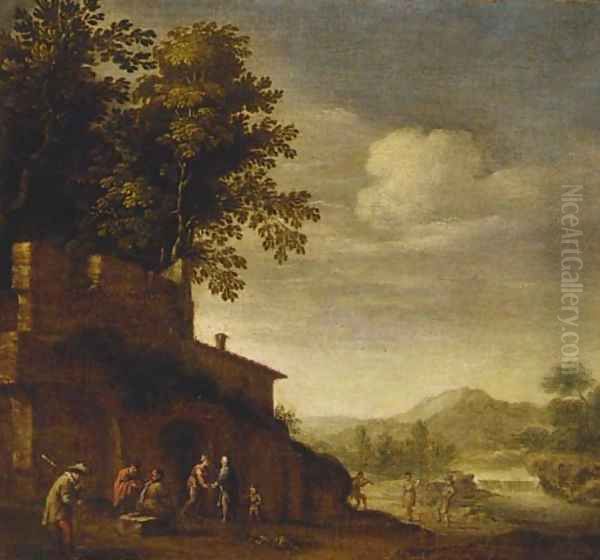 Peasants resting and dancing with a piper before a ruin - view 1