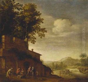 Peasants resting and dancing with a piper before a ruin