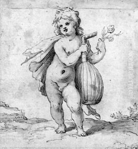 A putto holding a lute and a rose