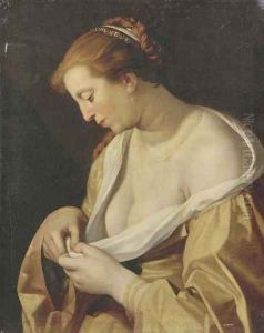 A woman catching flees in her dress