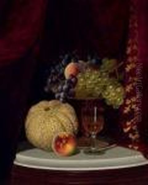 Still Life With Melon, Peach,
Fruit-filled Compote And Glass Of Wine On A Marble Table Top - view 1
