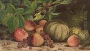 Still Life With Melon, Grapes, Peaches, Pears And Black Raspberries by William Mason Brown