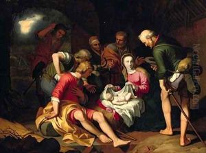 The Adoration of the Shepherds with the Annunciation to the Shepherds beyond by Abraham Bloemaert