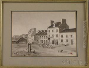 En Grisaille Illustration Of A Georgian Colonial Building, Possibly A Tavern.