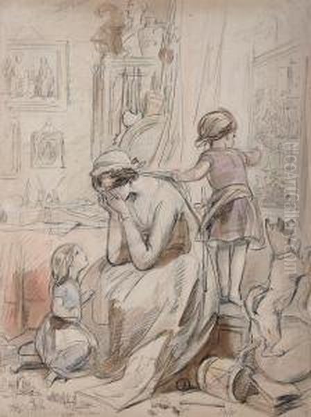 Interior Scene With Grieving Mother, Childrenand Dog - view 1