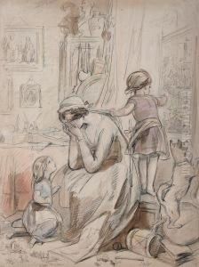 Interior Scene With Grieving Mother, Childrenand Dog by Hablot Knight Browne