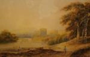 Shepherd Walking Along An Unmade
 Road Beside Woodland With A River Estuary Beyond, Cattle On The Shore 
And A Castle Ruin On A Promontory Overlooking The Water (?atholl Blair 
Area, Tayside), Signed Lower Right With The Wording Ab By Phiz