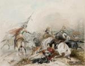 Battle Scene Between Cavaliers And Roundheads by Hablot Knight Browne