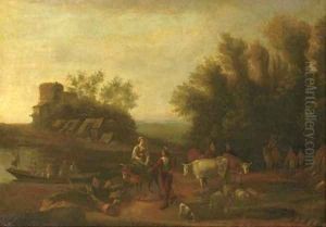 An Italianate landscape with travellers and their flocks on a path by Nicolaes Berchem