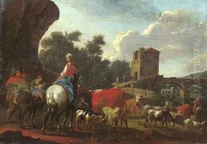 Cowherds with cattle, sheep and goats crossing a river by a bridge in an Italianate landscape by Nicolaes Berchem