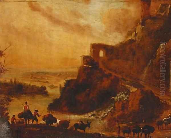 Drovers with cattle in a rocky Italianate landscape - view 1