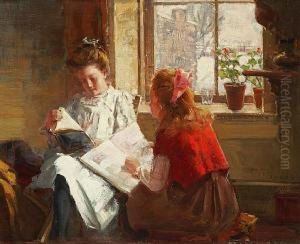 Reading, An Interior Scene With Two Girls Reading By A Window by Peleg Franklin Brownell