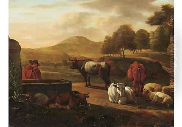 A shepherd drinking water from a fountain, cattle and sheep nearby, in a mountainous landscape - view 1