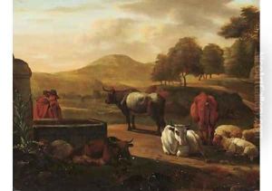 A shepherd drinking water from a fountain, cattle and sheep nearby, in a mountainous landscape by Nicolaes Berchem