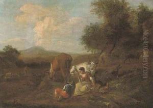 A wooded landscape with figures and cattle at rest, a ploughman beyond by Nicolaes Berchem