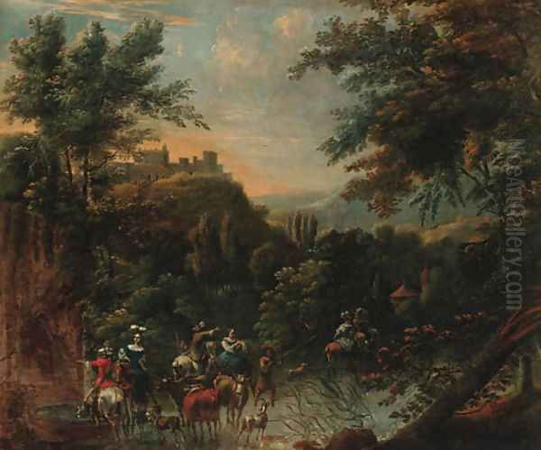 An extensive landscape with a hunting party and drovers watering cattle at a stream, a hilltop village beyond - view 1
