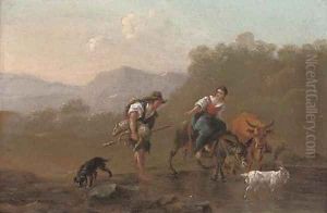 A drover and a shepherdess fording a river by Nicolaes Berchem