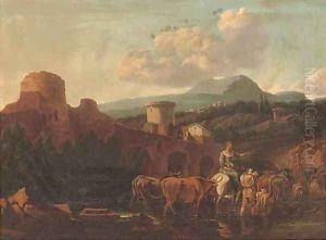 A landscape with drovers and their cattle fording a river by Nicolaes Berchem