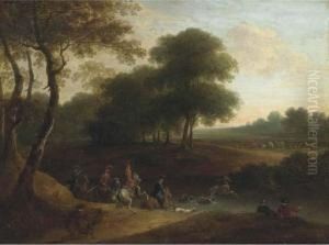 A Stag Hunt In A Wooded Landscape by Lazare Bruandet