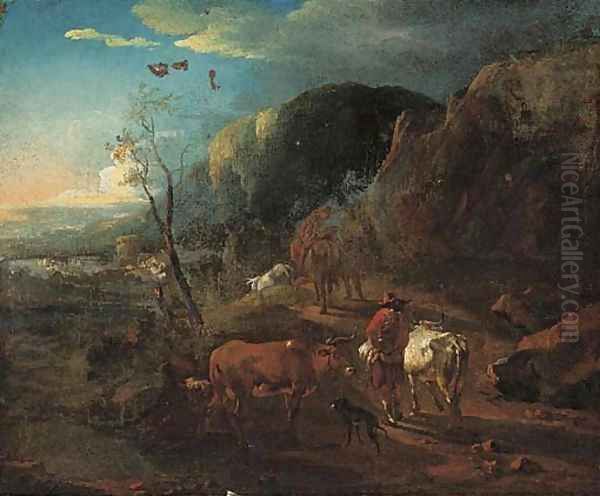 A mountain path with cattle and drovers - view 1