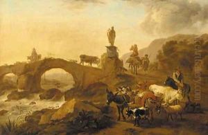 A mountainous landscape with drovers and their cattle crossing a bridge