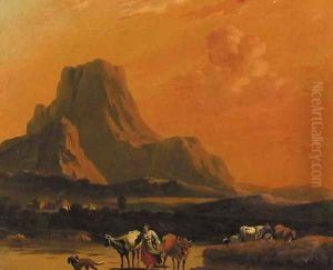A peasantwoman fording cattle through a river in an Italianate landscape by Nicolaes Berchem