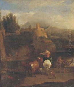 A river landscape with a drover, his cattle and other figures by Nicolaes Berchem