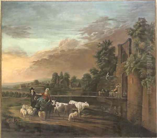 A river landscape with a shepherd and shepherdess on a track with their flock and cattle - view 1