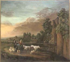 A river landscape with a shepherd and shepherdess on a track with their flock and cattle by Nicolaes Berchem