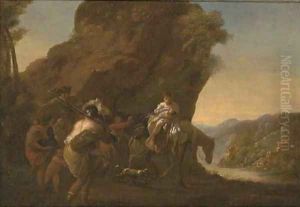 A rocky river landscape with travellers in the foreground by Nicolaes Berchem