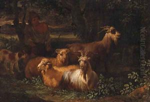 A Shepherd with Livestock in a wooded Landscape by Nicolaes Berchem