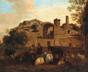 An Italianate landscape with shepherds and livestock before an Italianate town by Nicolaes Berchem