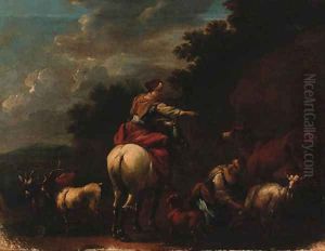 Drovers With Goats And A Cow In A Landscape by Nicolaes Berchem