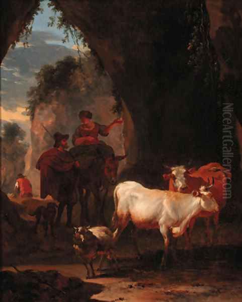 Peasants with cattle on a rocky pass - view 1