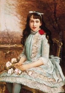 Girl In Blue Dress, With Roses by Lajos Bruck
