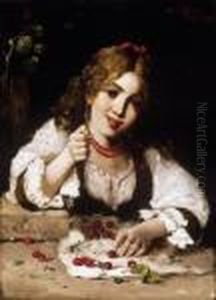Girl With Cherries by Lajos Bruck