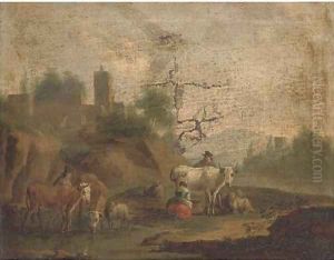 A landscape with a milkmaid, cattle and other figures by a river by Nicolaes Berchem