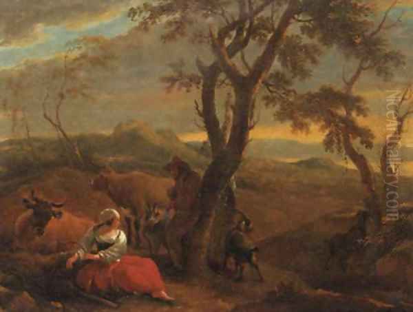 A peasantwoman resting at the foot of a tree in an Italianate landscape, at sunset - view 1