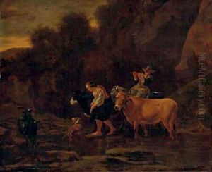 A shepherd and shepherdess with cattle in a landscape