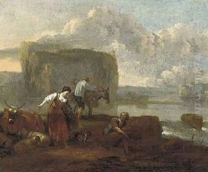 A shepherdess and farm labourers by a lake, a hilltop village beyond