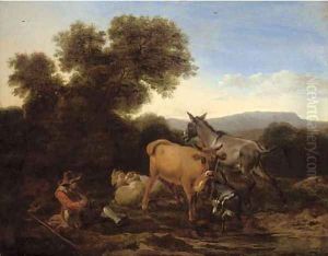 A wooded landscape with a shepherd and his flock resting by Nicolaes Berchem