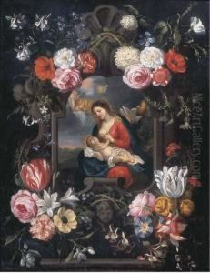 The Virgin And Child In A Carved Stone Cartouche Surrounded Byflowers by Jan Peeter Brueghel