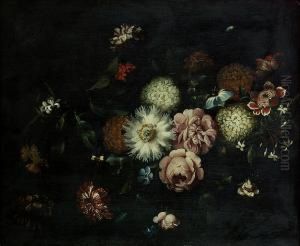 A Passion Flower, Honeysuckle,
Carnations, Roses And Other Flowers On A Stone Ledge With A Butterfly by Jan Peeter Brueghel