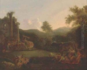 A wooded landscape with a shepherd resting with his flock and drovers and their cattle by classical ruins by Nicolaes Berchem