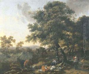A wooded mountainous landscape with travellers and herdsmen on a track by Nicolaes Berchem