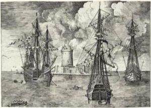 Three Men Of War Before A Water-fortress by Pieter III Brueghel