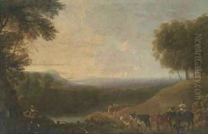 A wooded river landscape with a drover and cattle on a track by Nicolaes Berchem